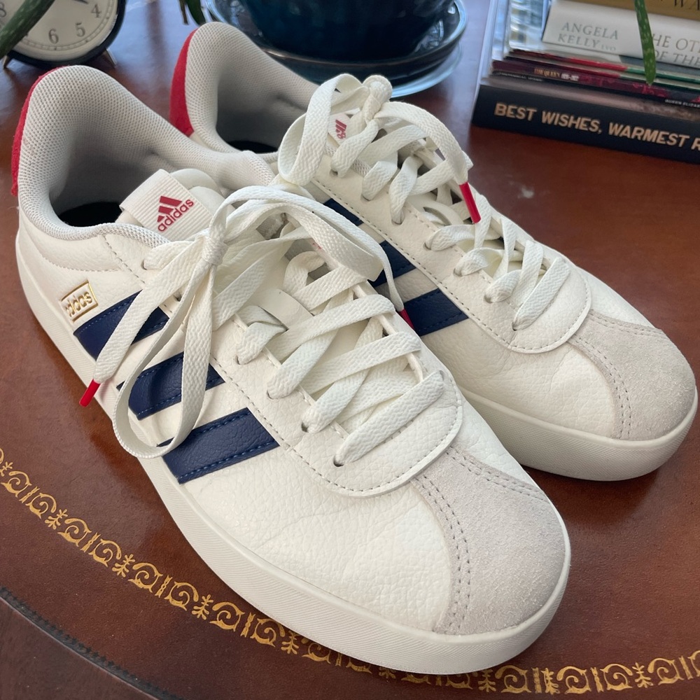Adidas Women’s White and Blue Sneakers
